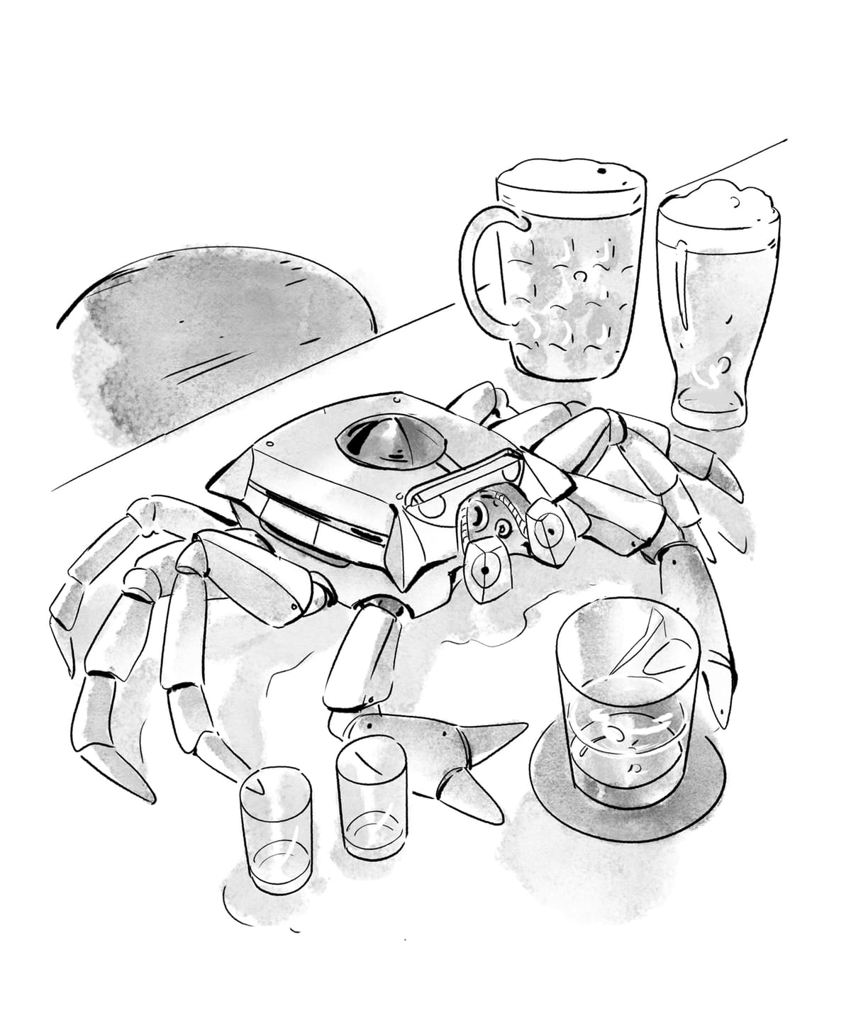 The 8-legged AI robot sitting on the bar counter, surrounded by some glasses and mugs.