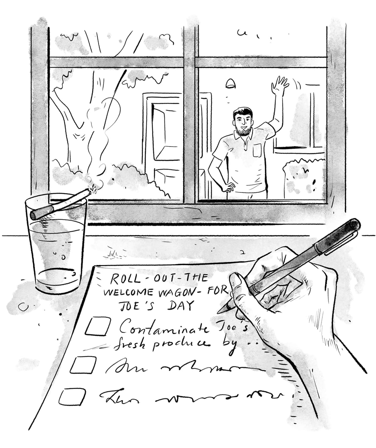 Someone writing a to-do list of torturing an unsuspecting victim